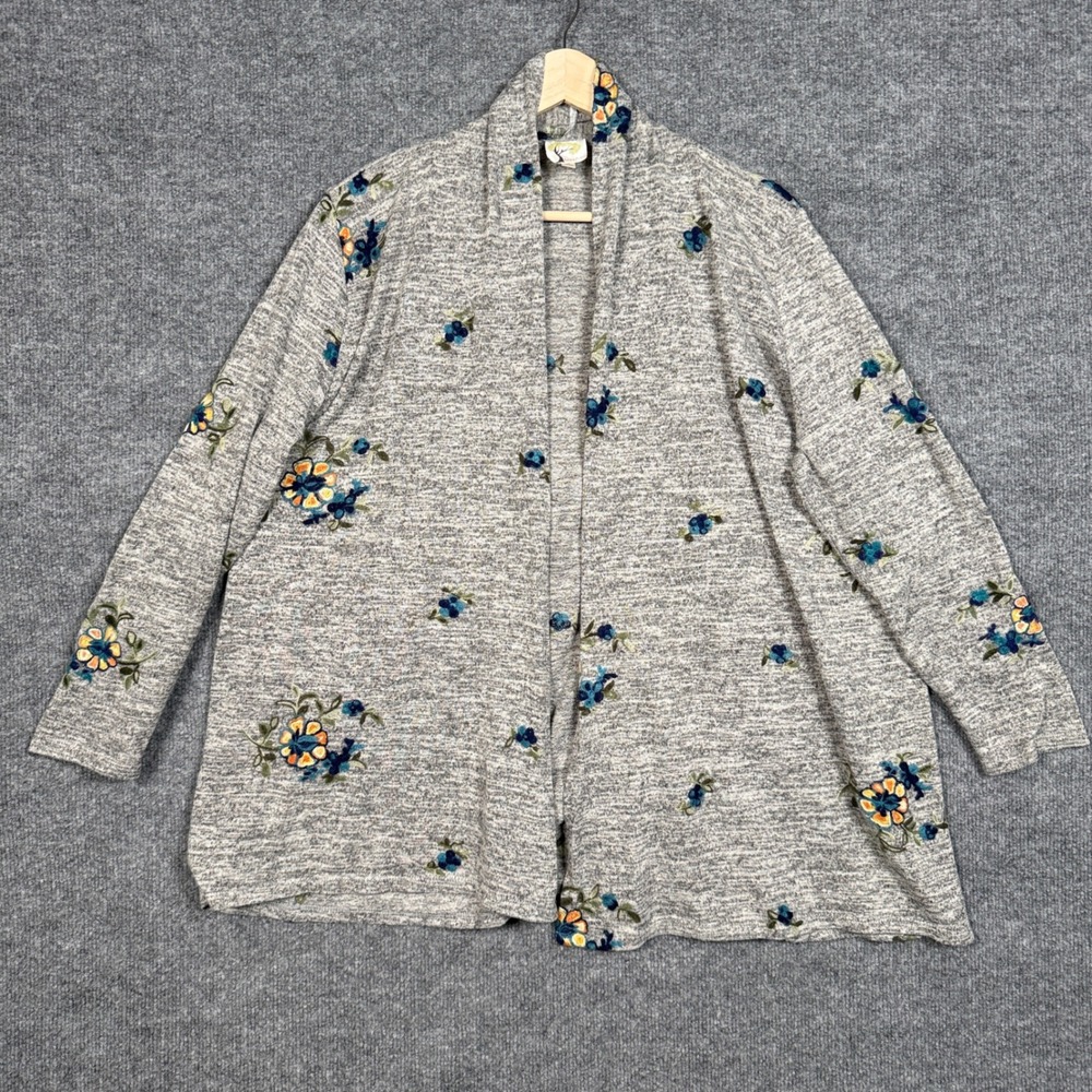 Fig and Flower Sz‎ Large Cardigan Gray Rayon Blend Embroidered Open Front Spring